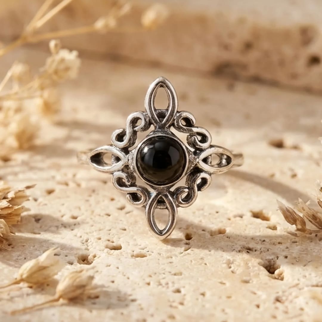 Adjustable Ring "Mystical Energy" - Witch's Knot & Obsidian