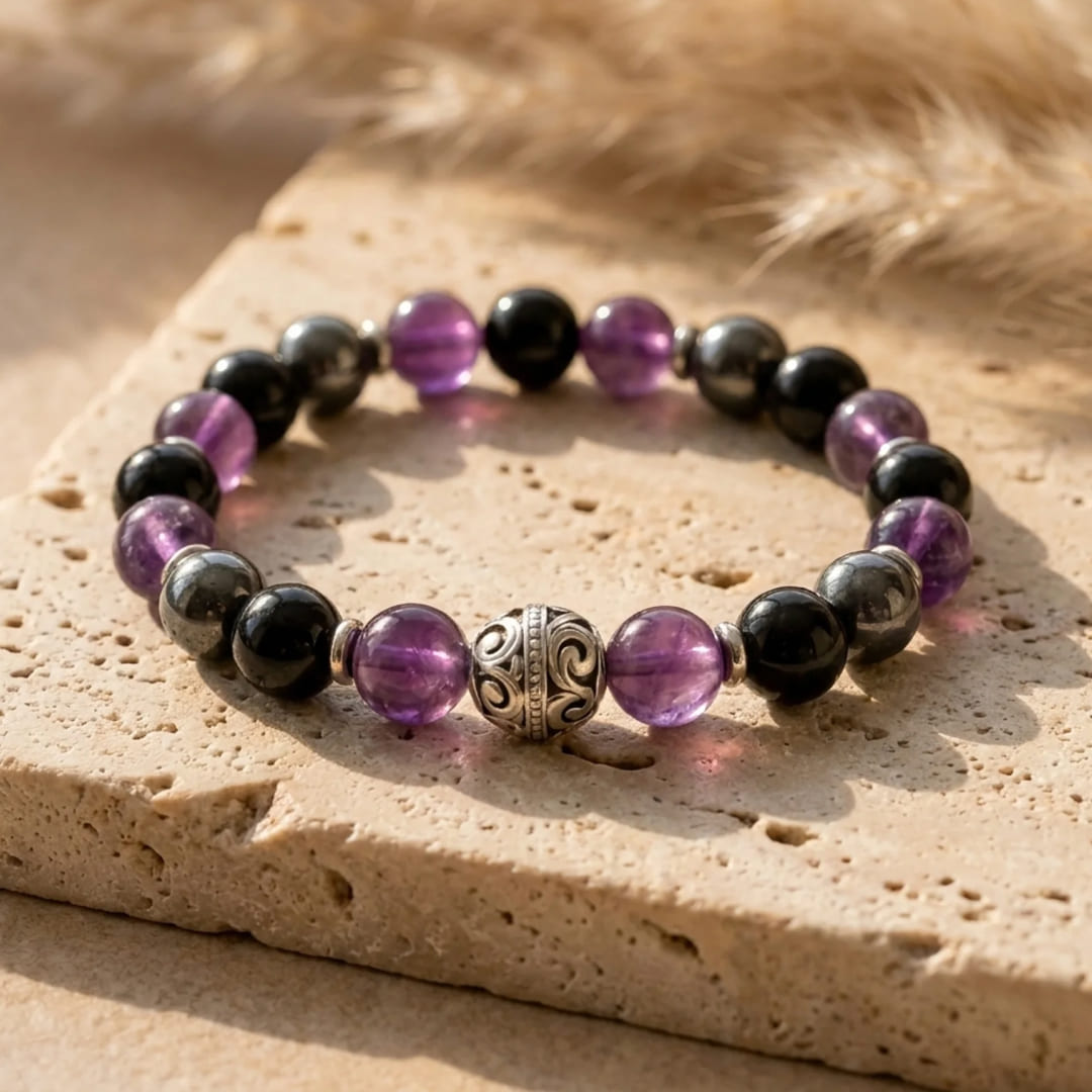 "Protective Bubble" Bracelet – Amethyst, Hematite & Obsidian