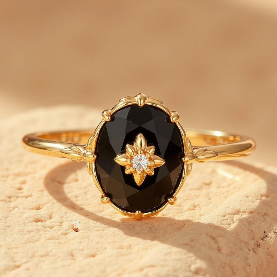 Adjustable Ring "Nocturnal Charm" in Black Agate