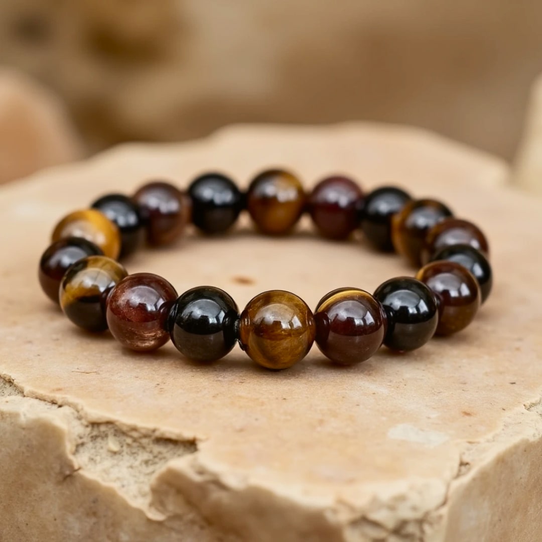 "Success & Protection" Bracelet in Tiger's Eye, Garnet, Black Tourmaline & Smoky Quartz