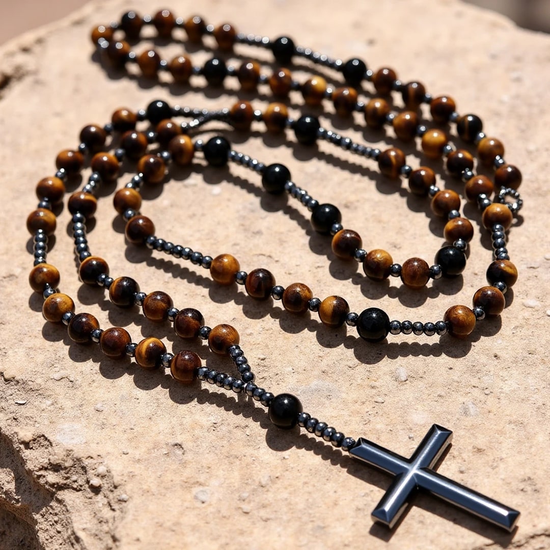 "Protection" Rosary Necklace in Tiger Eye