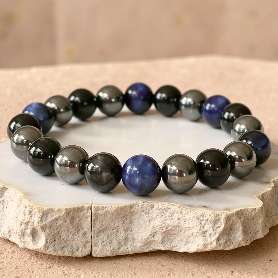 "Assured Cap" Bracelet in Hematite, Black Tourmaline & Blue Tiger's Eye