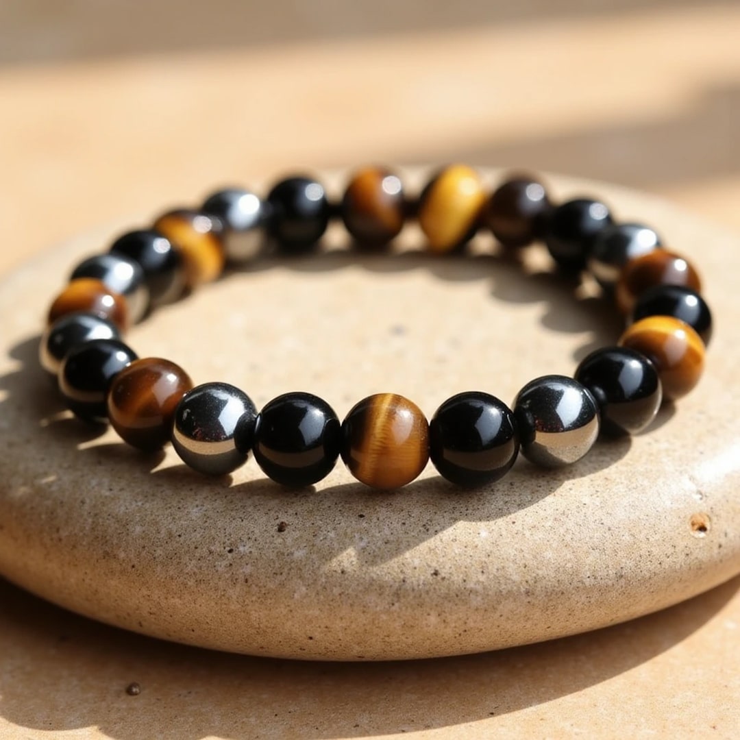 "3 Protections" Bracelet in Tiger Eye, Hematite & Black Obsidian
