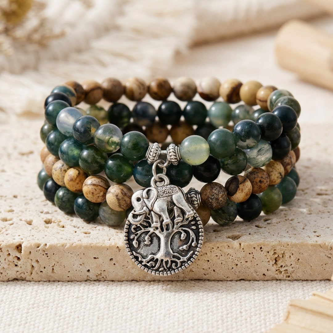 "Mala" Bracelet "Gaia" in Moss Agate & Landscape Jasper