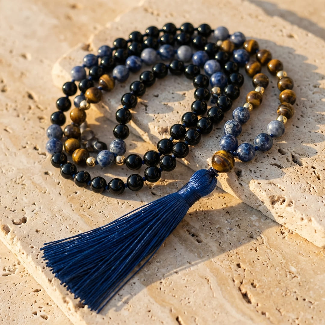 Sodalite, Tiger's Eye & Black Onyx Mala Necklace