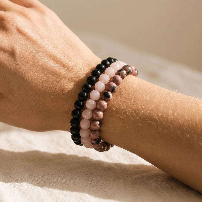 Trio of "Peace and Balance" Bracelets in Onyx, Rose Quartz & Rhodonite