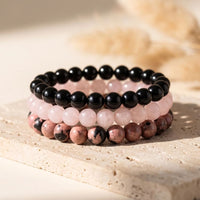 Trio of "Peace and Balance" Bracelets in Onyx, Rose Quartz & Rhodonite 1