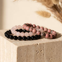Trio of "Peace and Balance" Bracelets in Onyx, Rose Quartz & Rhodonite 3