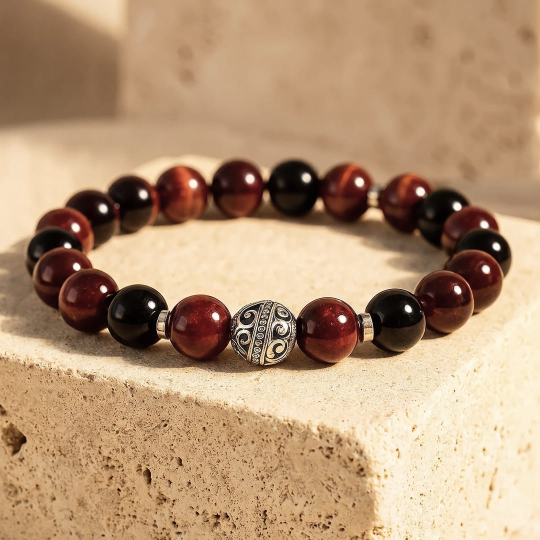 Premium Bracelet "Burning Flame" in Garnet, Bull's Eye & Black Obsidian