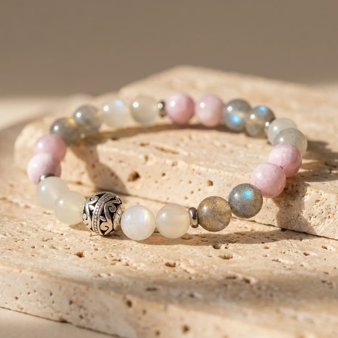 "Feminine Softness" Bracelet in Labradorite, Moonstone & Kunzite