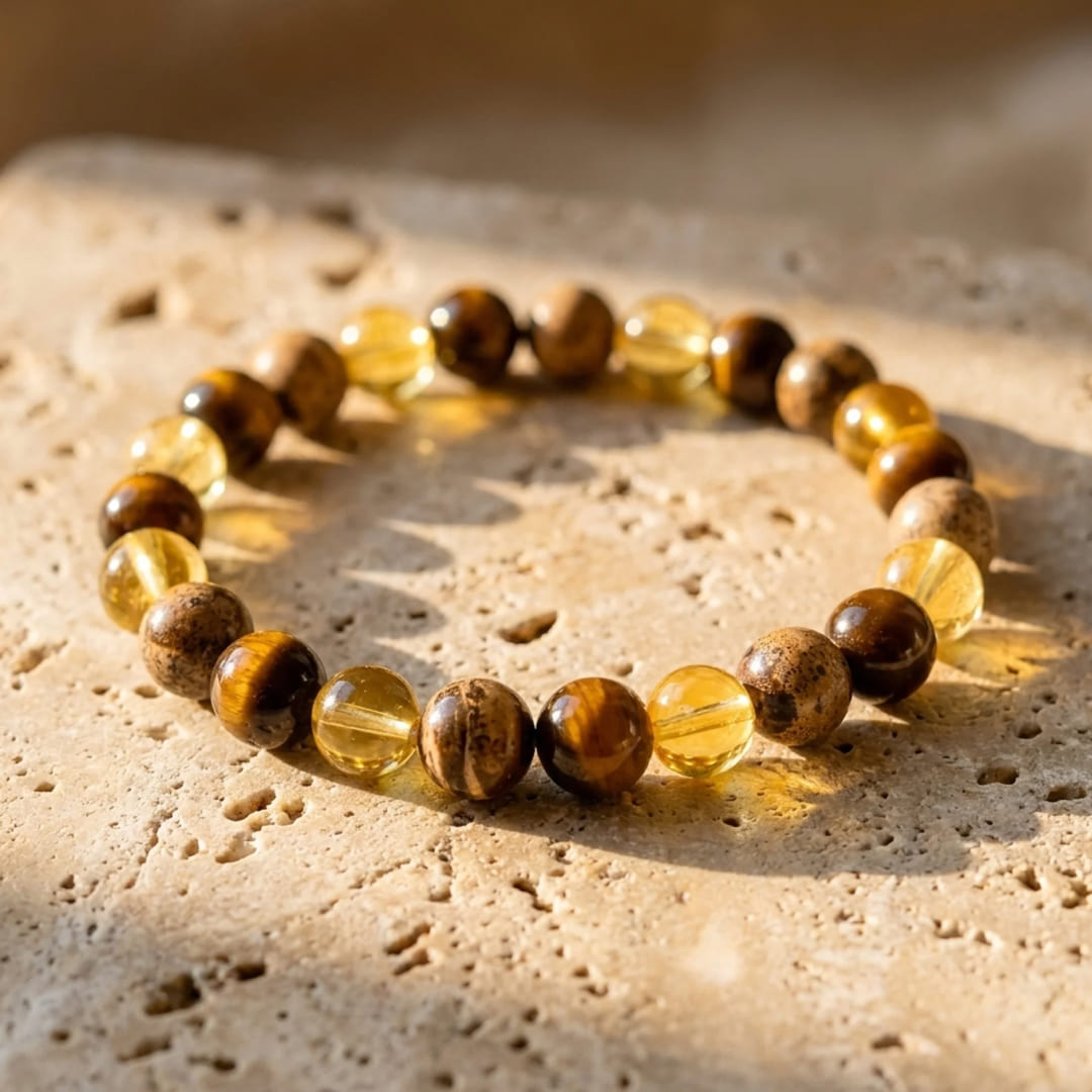 "Protection & Prosperity" Bracelet in Tiger's Eye, Citrine & Landscape Jasper