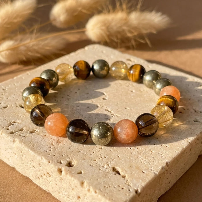"Solar Energy" Bracelet in Smoky Quartz, Tiger's Eye & Golden Rutile Quartz