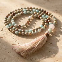 Mala Necklace 108 Beads in Aqua Terra Jasper, Amazonite & Rose Quartz 1