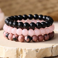 Trio of "Peace and Balance" Bracelets in Onyx, Rose Quartz & Rhodonite 5