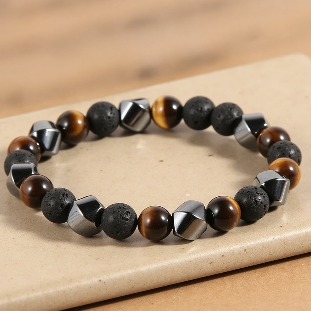 Triple Protection Bracelet in Lava Stone, Tiger's Eye & Hematite