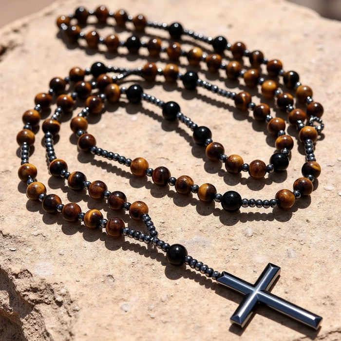 "Protection" Rosary Necklace in Tiger Eye