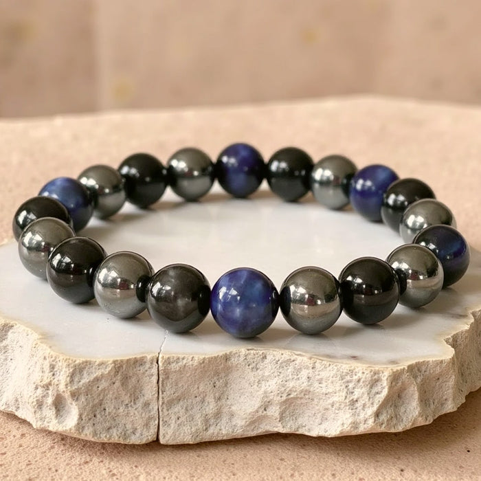 "Sure Cap" Armband aus Hämatit, schwarzem Turmalin & blauem Tigerauge