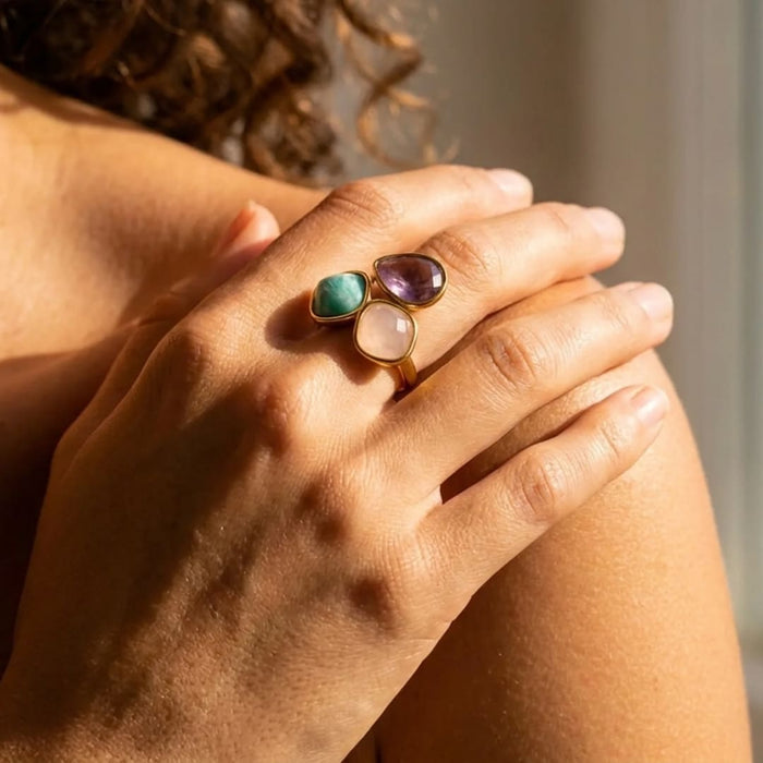 Ring "Soft Dawn" aus Amazonit, Rosenquarz und Amethyst