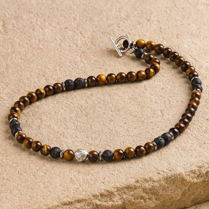 Collier "Énergie Terre & Feu" en Pierre de Lave & Œil de Tigre