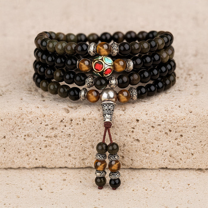 Buddhist Mala Bracelet in Black & Gold Obsidian