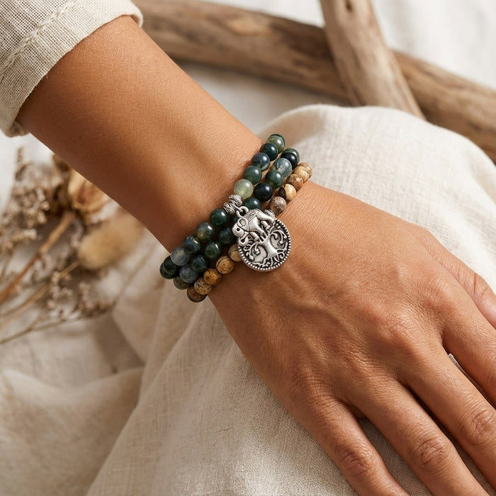 "Mala" Bracelet "Gaia" in Moss Agate & Landscape Jasper