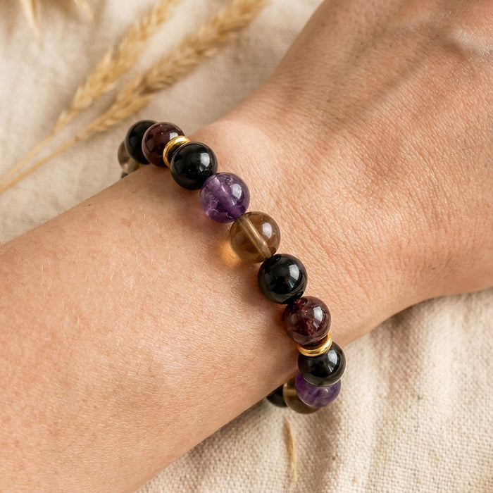 Armband „Harmonie & Schutz“ aus Shungit, Rauchquarz, Amethyst & Granat