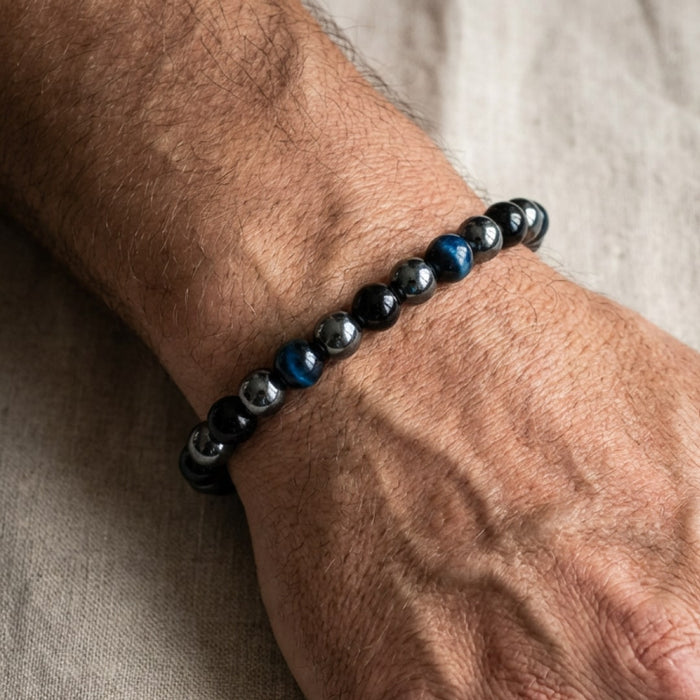 "Sure Cap" Armband aus Hämatit, schwarzem Turmalin & blauem Tigerauge