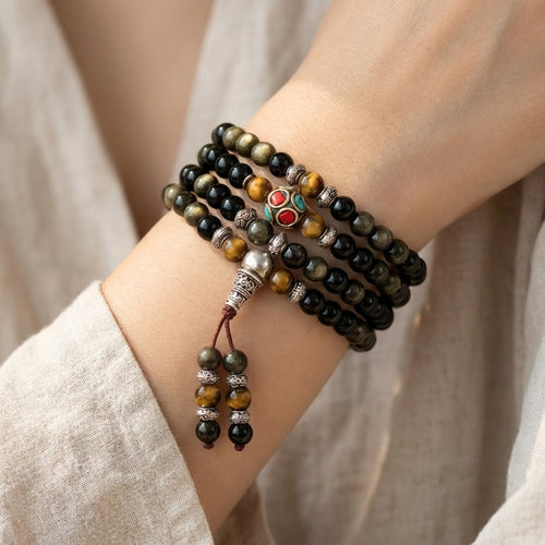 "Buddhistisches" Mala-Armband aus schwarzem & goldenem Obsidian