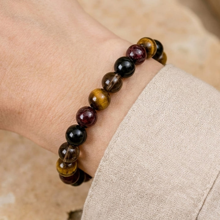 Armband "Erfolg & Schutz" aus Tigerauge, Granat, schwarzem Turmalin & Rauchquarz