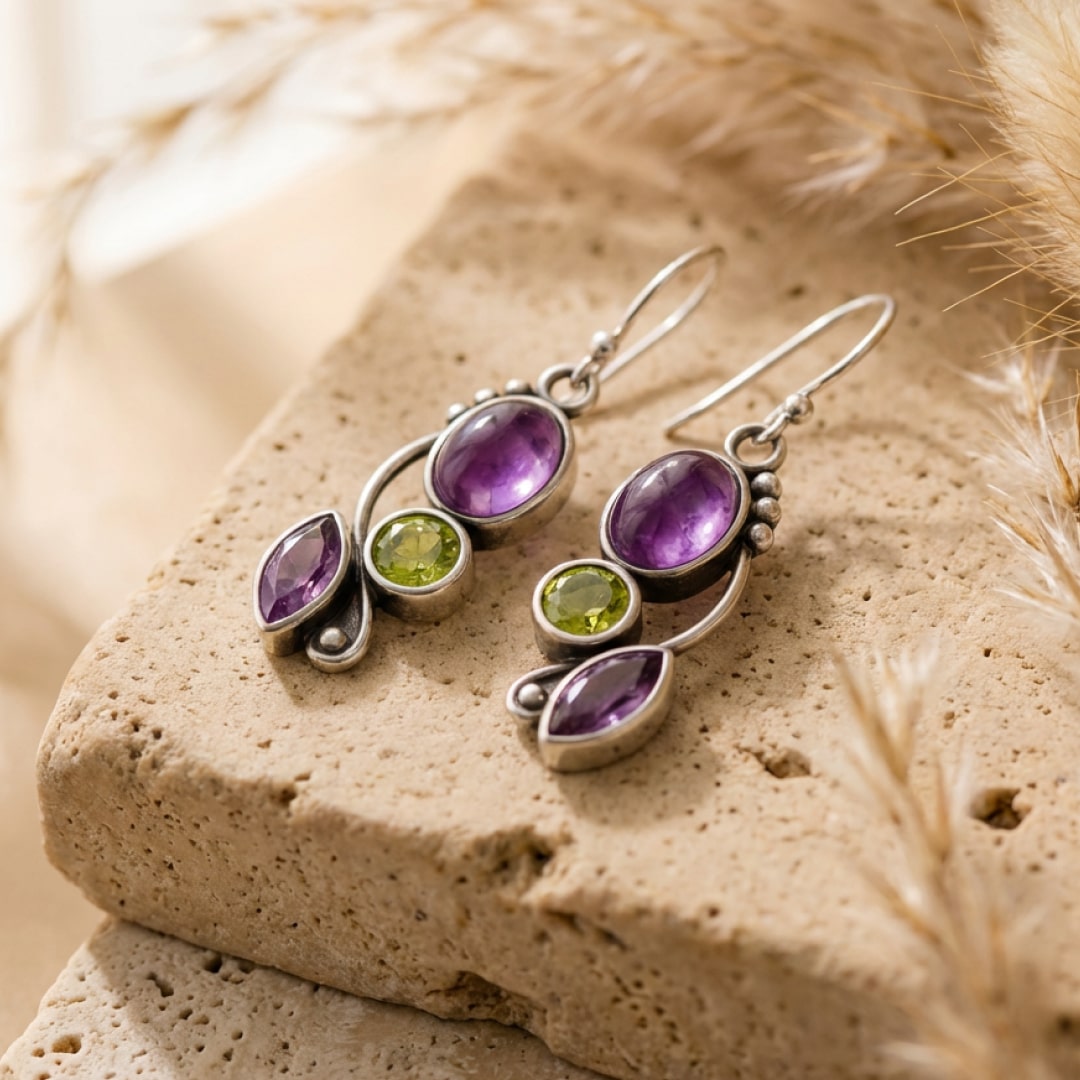 "Earrings 'Cascade of Serenity' in Amethyst & Peridot"