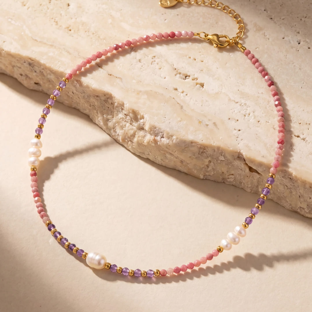 "Radiance of Serenity" Necklace in Rhodonite, Amethyst & Freshwater Pearls