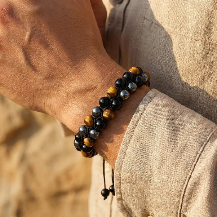"Triple Protection" Braided Bracelet in Hematite, Tiger Eye & Obsidian