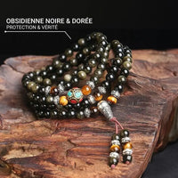 "Buddhist" Mala Bracelet in Black & Gold Obsidian 3