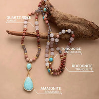 Ethnic Mala Necklace in Turquoise, Amazonite, Rose Quartz & Rhodonite 5