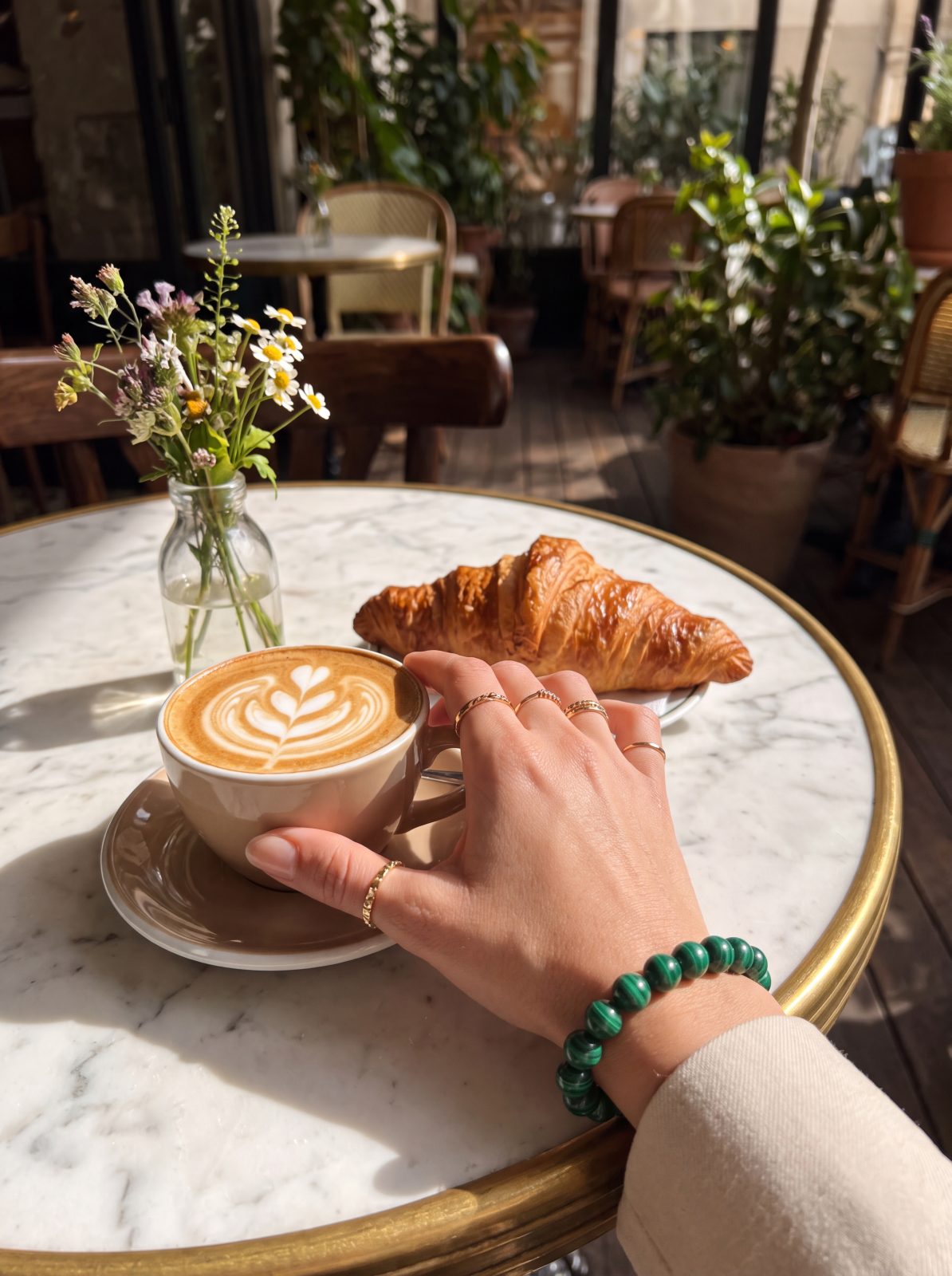 Bracelet en malachite dans un café